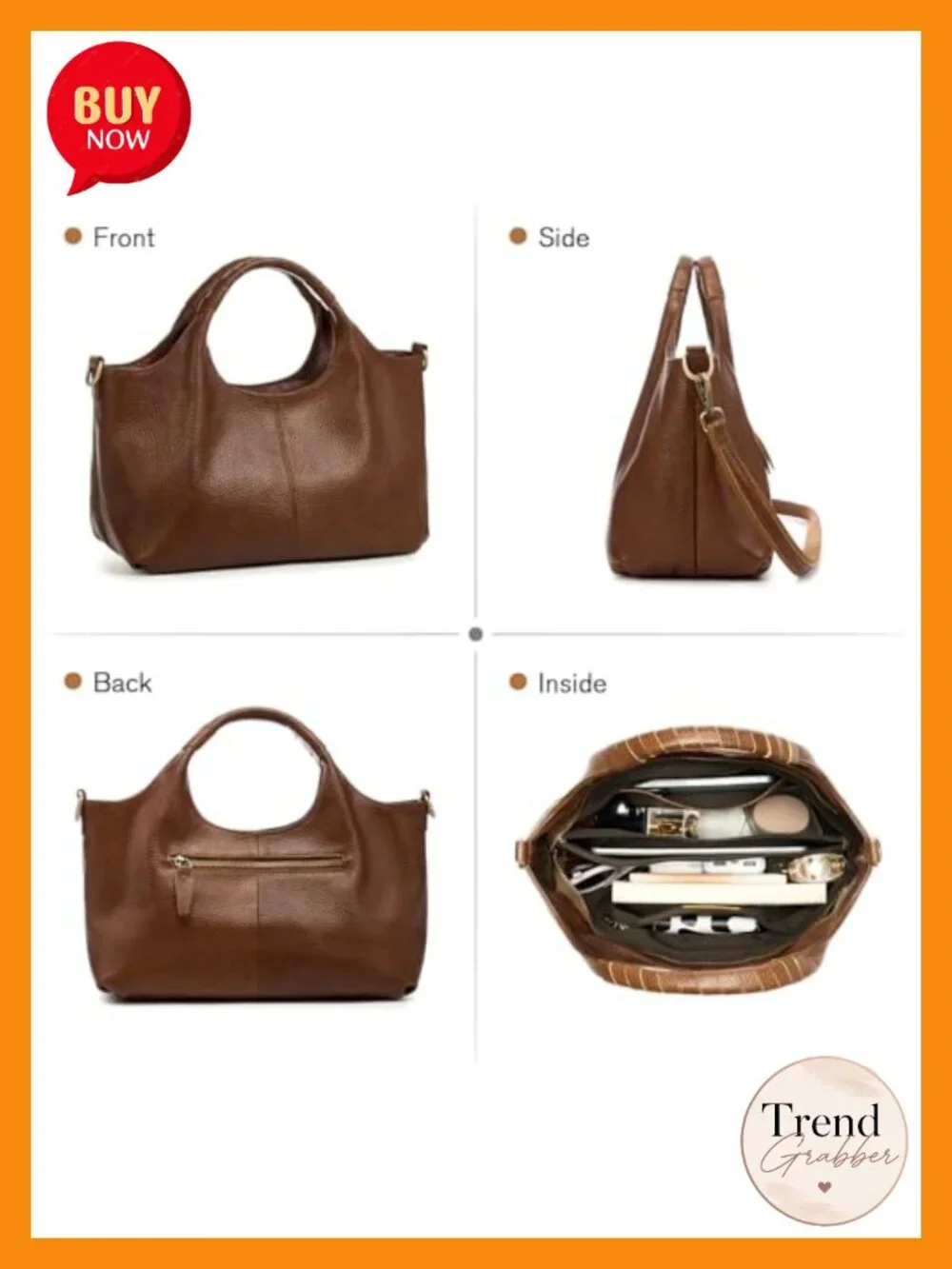 Genuine Leather Satchel Bag Women Top Handle Detachable Strap